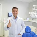 Friendly dentist giving thumbs up in modern clinic – illustrating benefits of dentist office scenting