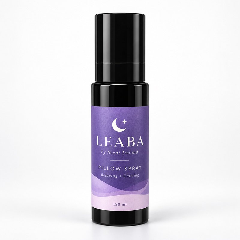 LEABA Lavender Pillow Spray 120ml – Fleur de Lavender LEABA Fleur de Lavender pillow spray 120ml in a black bottle with purple label and cap.