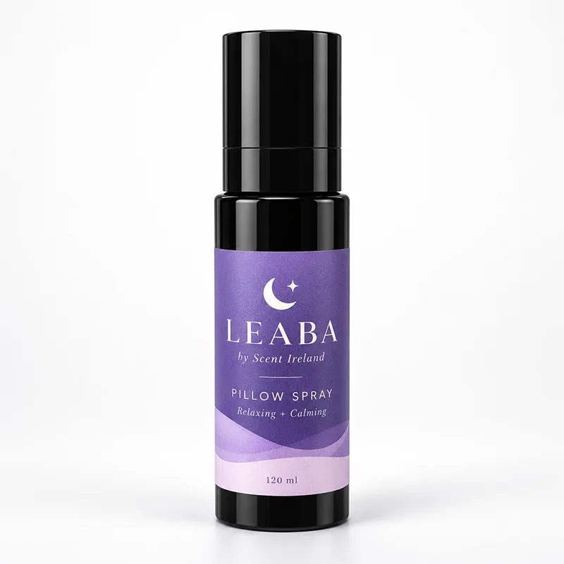 LEABA Lavender Pillow Spray 120ml – Fleur de Lavender LEABA Fleur de Lavender pillow spray 120ml in a black bottle with purple label and cap.