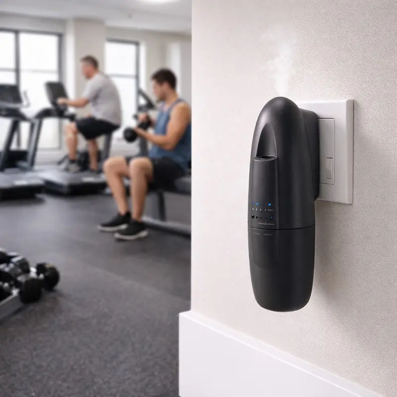 Black plug in scent diffuser for gym odour control and fresh indoor fragrance in fitness centre