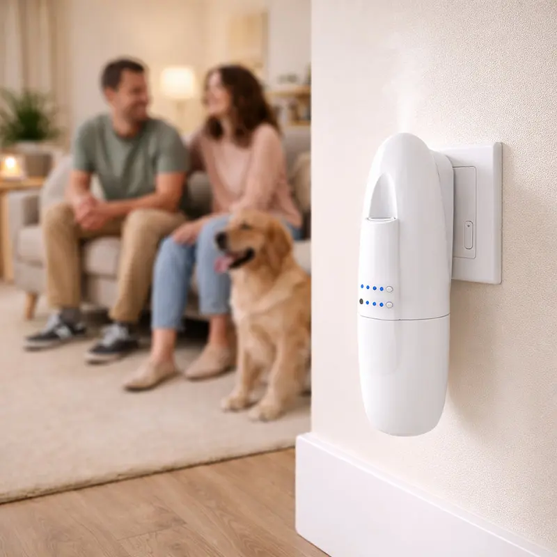 Plug in scent diffuser in living room with family and dog helping reduce pet odours and improve home fragrance