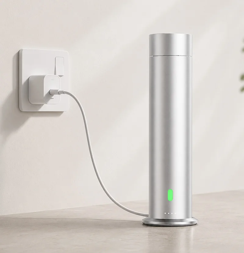 upgraded silver mini tower electric oil diffuser for business or home scenting. usb powered. included usb type c power lead.