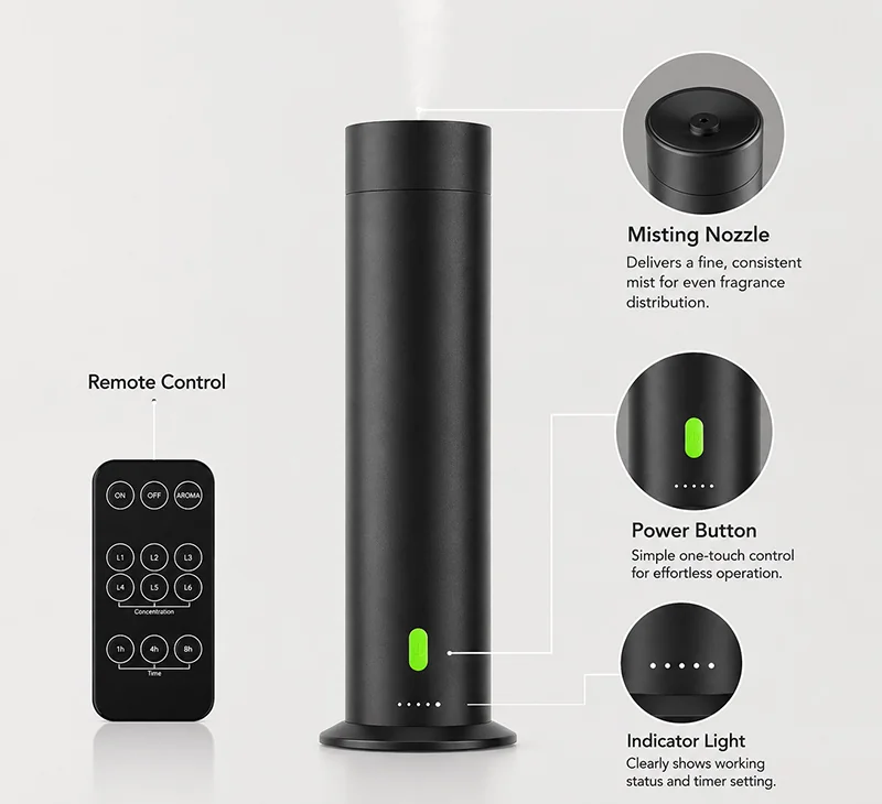 black mini tower scent diffuser with remote for business or home use. usb powered.