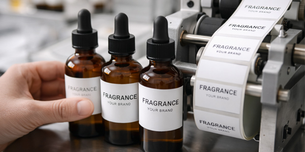 Private label fragrance labelling process showing branded bottles being labelled using professional printing equipment