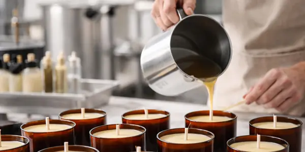 Private label candle manufacturing process with wax being poured into branded glass candles in a professional production facility in Ireland