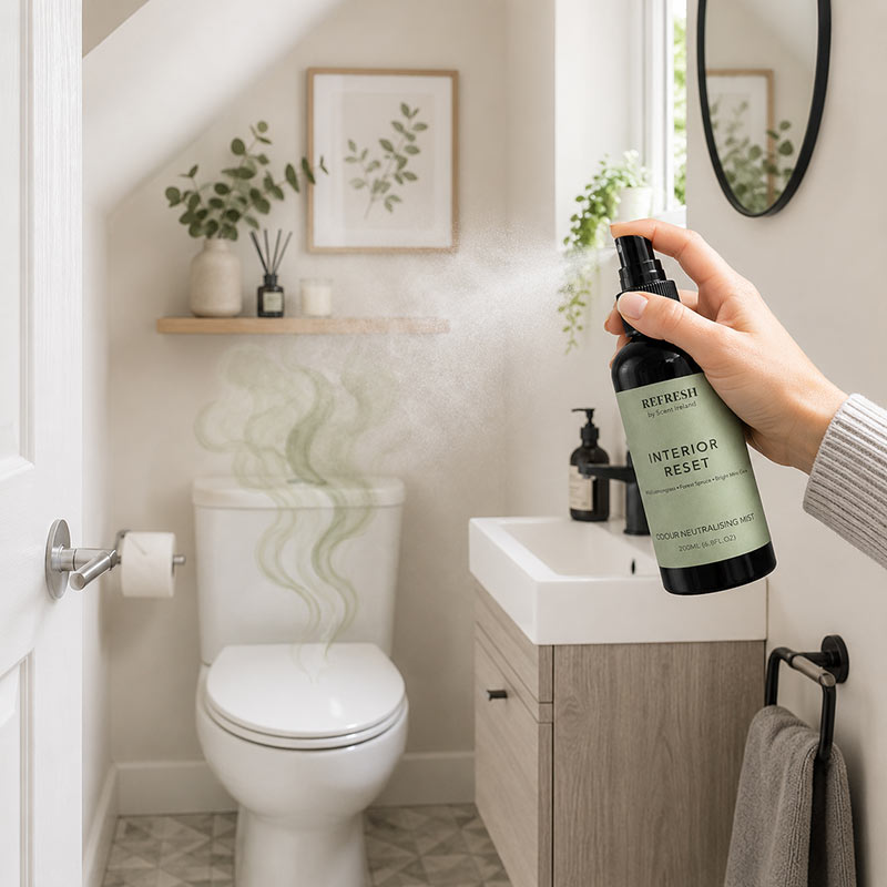 Interior Reset Home Odour Neutraliser Spray being used in a small downstairs toilet to help neutralise bathroom odours