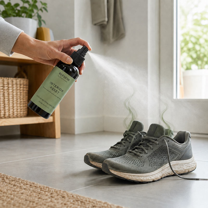 Interior Reset Odour Neutraliser Spray being used on smelly shoes and runners to help neutralise footwear odours