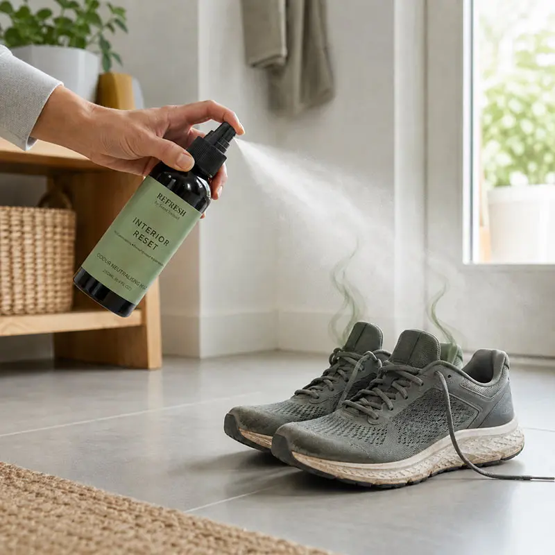Interior Reset Odour Neutraliser Spray being used on smelly shoes and runners to help neutralise footwear odours