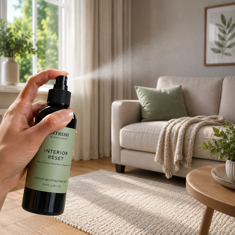 Interior Reset fabric mist being sprayed in a living room to refresh a fabric couch, curtains, rugs and soft furnishings