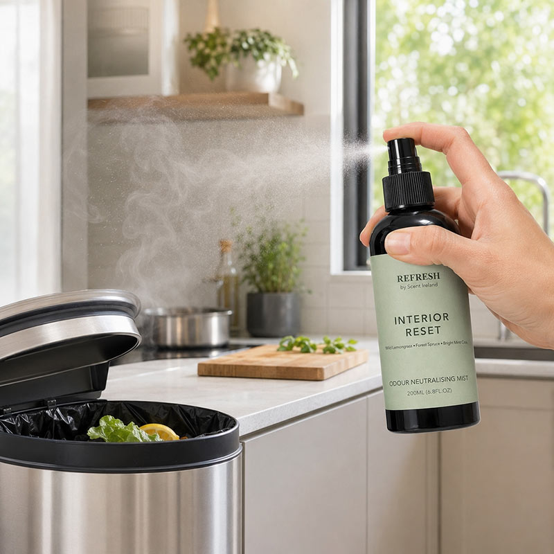 Interior Reset Home Odour Neutraliser Spray being sprayed in a kitchen to help tackle cooking smells, food odours and bin odours