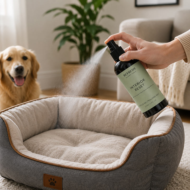 Fabric Mist Odour Neutraliser Spray being used on a dog bed to help neutralise pet odours and refresh home fabrics