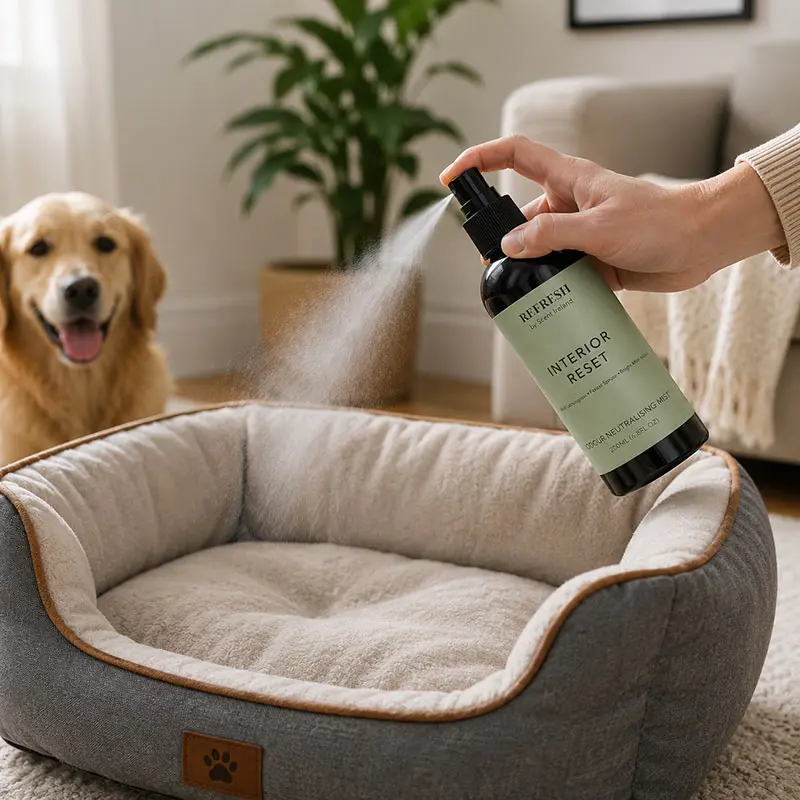 Fabric Mist Odour Neutraliser Spray being used on a dog bed to help neutralise pet odours and refresh home fabrics