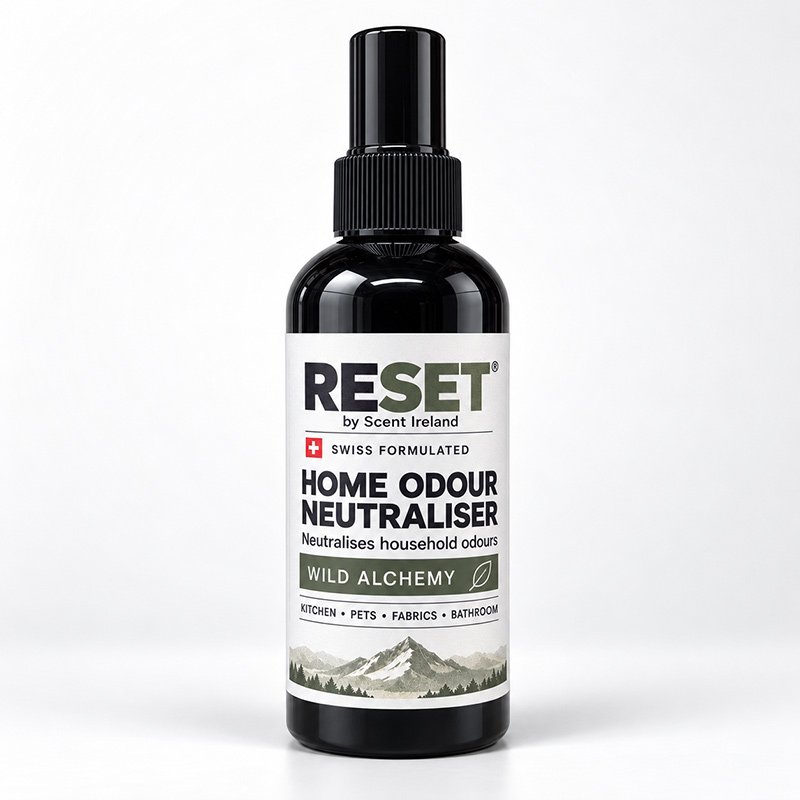 RESET Home Odour Neutraliser Spray 200ml – Wild Alchemy RESET by Scent Ireland 200ml Swiss-formulated home odour neutraliser spray in Wild Alchemy fragrance, black bottle on white background.