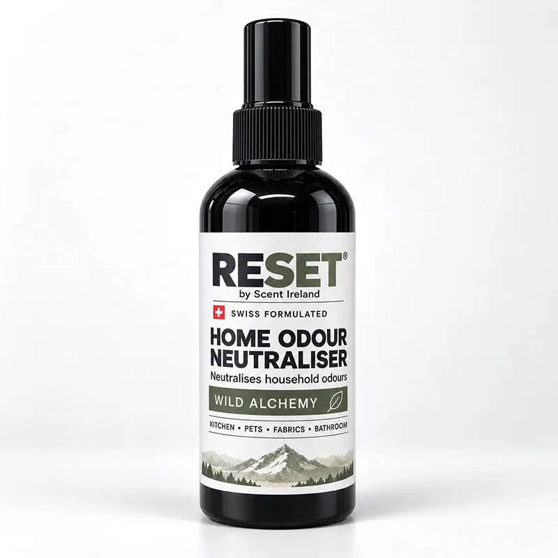RESET Home Odour Neutraliser Spray 200ml – Wild Alchemy RESET by Scent Ireland 200ml Swiss-formulated home odour neutraliser spray in Wild Alchemy fragrance, black bottle on white background.