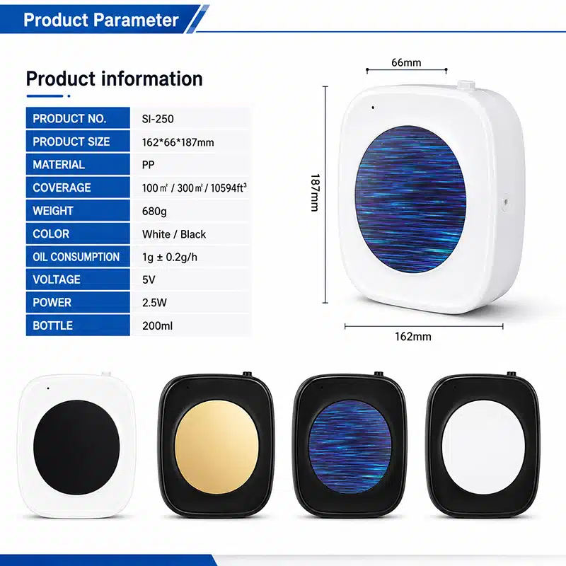 Battery operated scent diffuser features and 200ml bottle details
