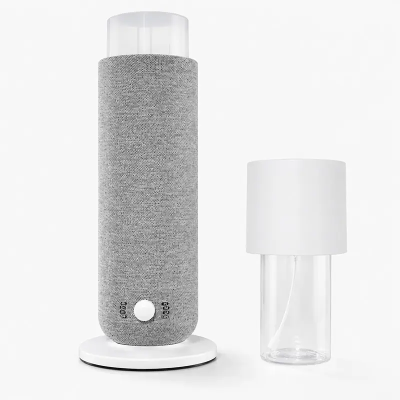 Mini tower scent diffuser with removable 120ml oil bottle and grey fabric finish