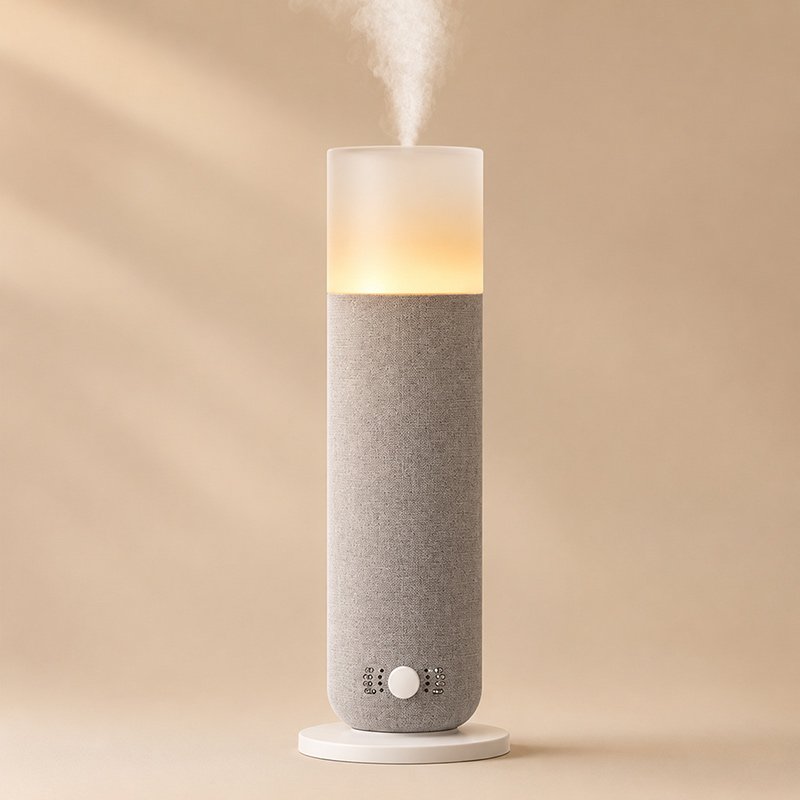 Grey fabric mini tower scent diffuser with soft LED glow and mist