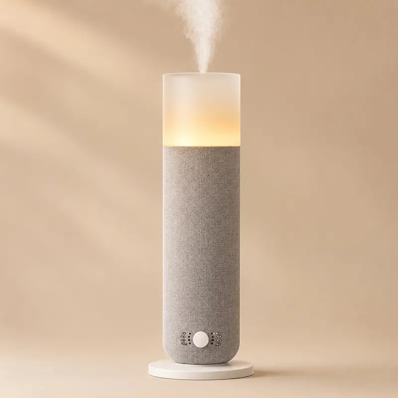 Grey fabric mini tower scent diffuser with soft LED glow and mist