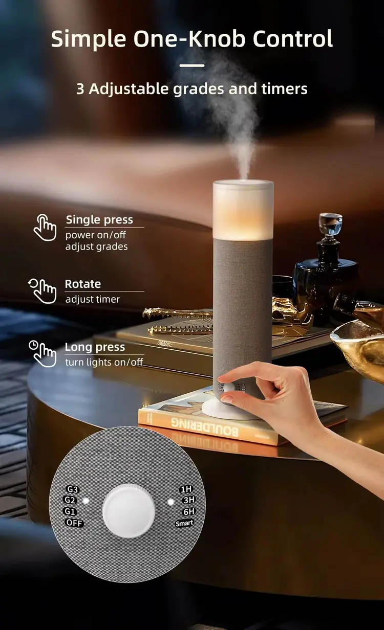 Mini tower scent diffuser with one-knob control, timer settings and adjustable fragrance intensity