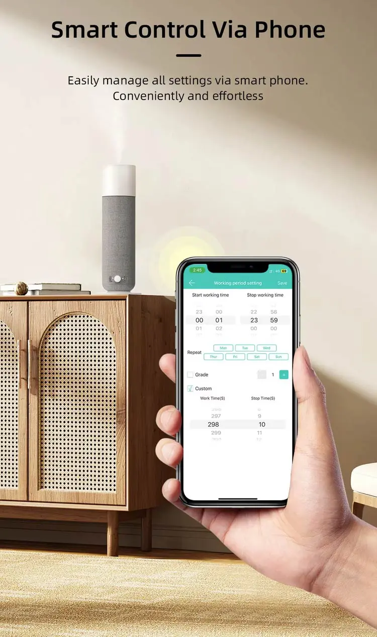Mini tower scent diffuser with smart app control and timer scheduling