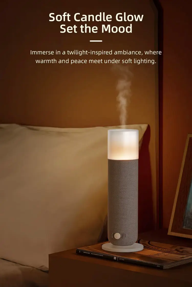 Mini tower scent diffuser with soft candle glow for bedroom fragrance