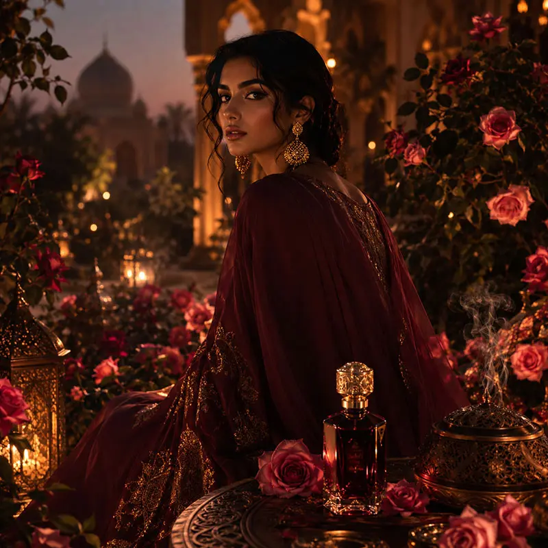Mysterious Arabian rose garden scene with rich oud and rose fragrance atmosphere