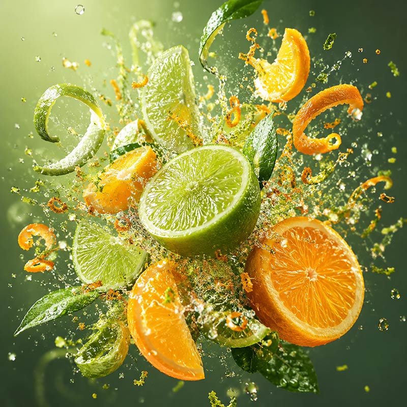 Fresh lime and orange slices bursting with citrus zest and water droplets for Lime and Orange Fragrance Oil
