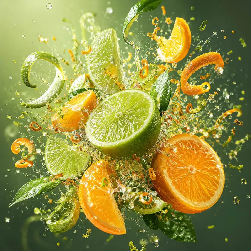 Fresh lime and orange slices bursting with citrus zest and water droplets for Lime and Orange Fragrance Oil