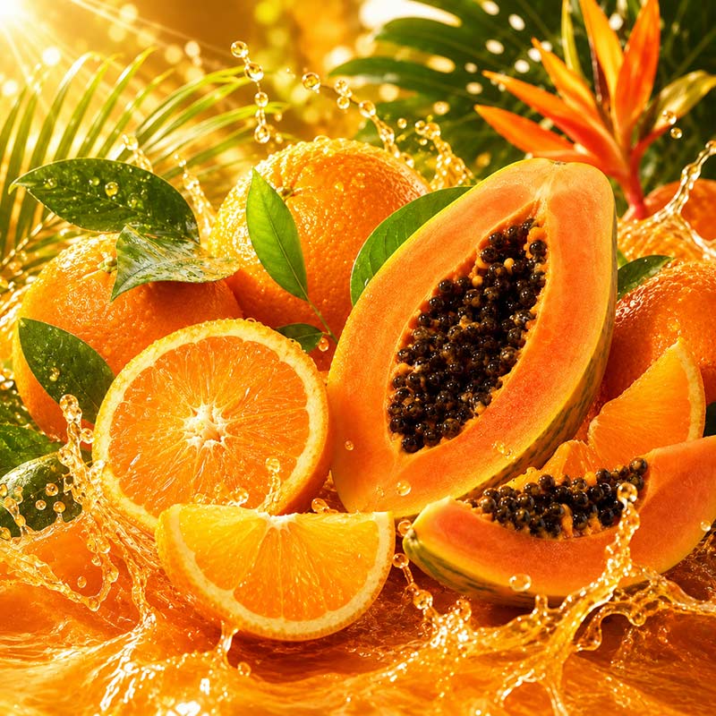 Tropical Fragrance Oil with orange apple papaya apricot pineapple cotton candy iris and musk notes