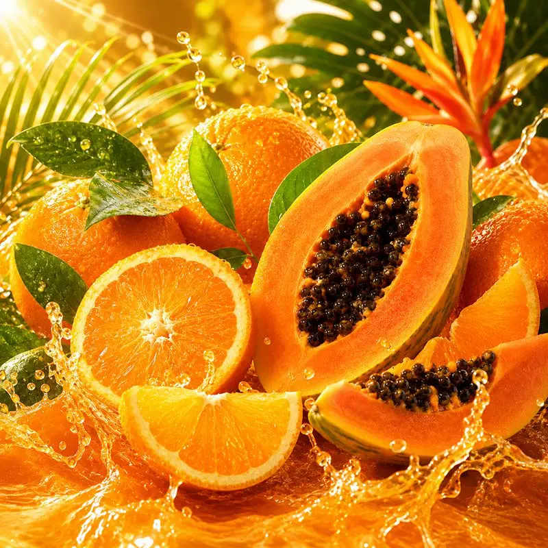 Tropical Fragrance Oil with orange apple papaya apricot pineapple cotton candy iris and musk notes