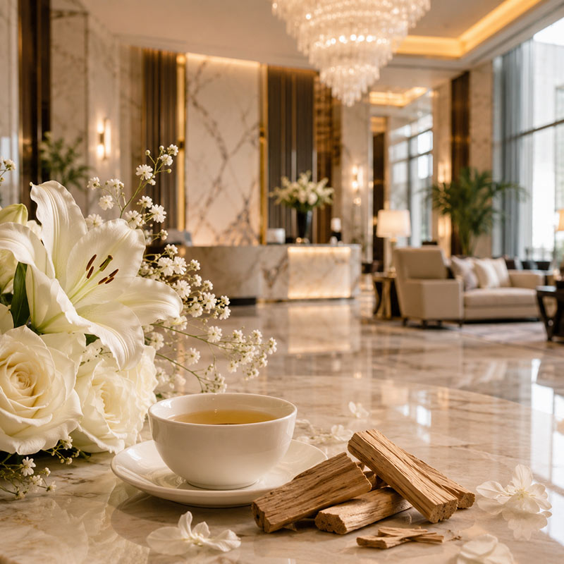 Luxury hotel lobby scene with white tea, sandalwood and soft white florals for Silken White Tea Fragrance Oil