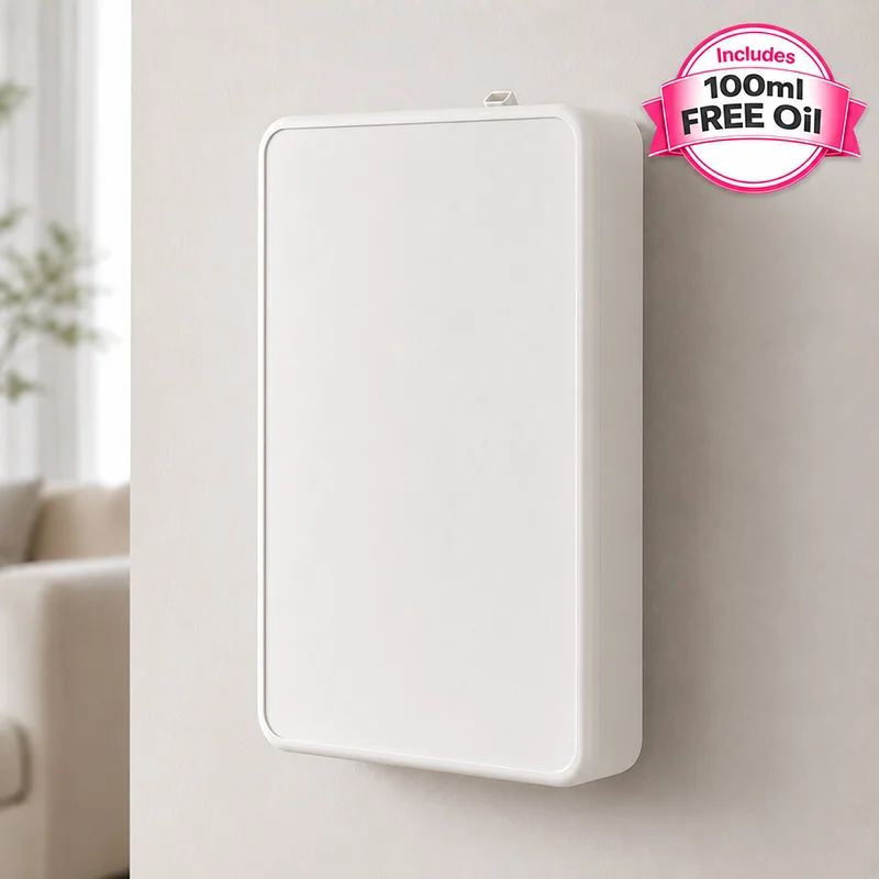 Close-up of a white 500ml battery-powered scent diffuser mounted on a home wall including free 100ml diffuser oil