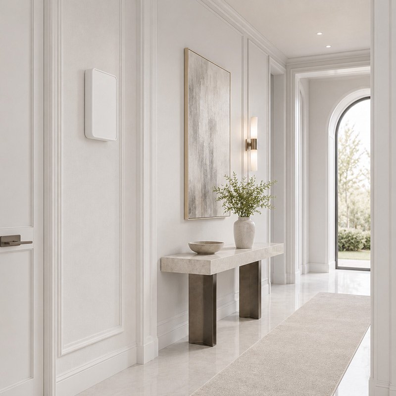 White 500ml battery-powered wall-mounted scent diffuser installed in a modern home hallway for consistent ambient fragrance.