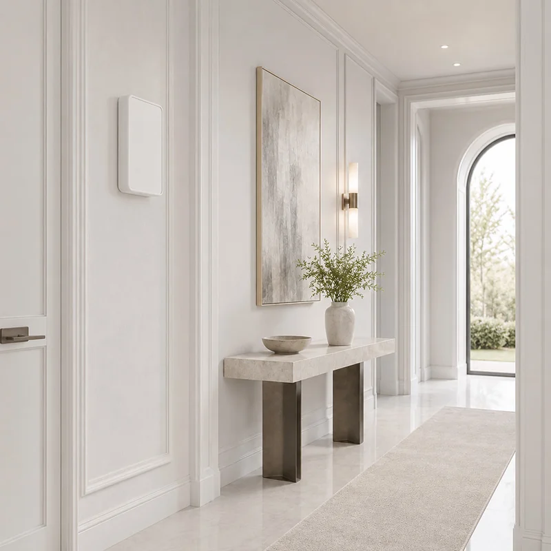 White 500ml battery-powered wall-mounted scent diffuser installed in a modern home hallway for consistent ambient fragrance.