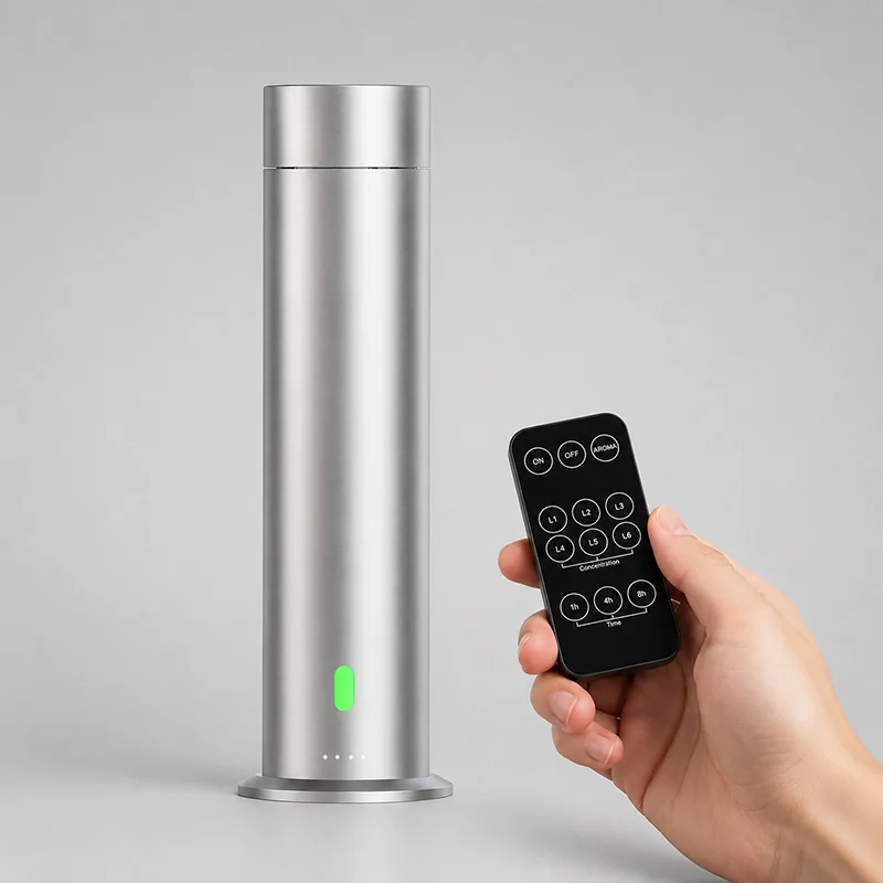 stylish modern silver mini tower electric aroma pure oil diffuser with remote for business or home scenting. usb powered.