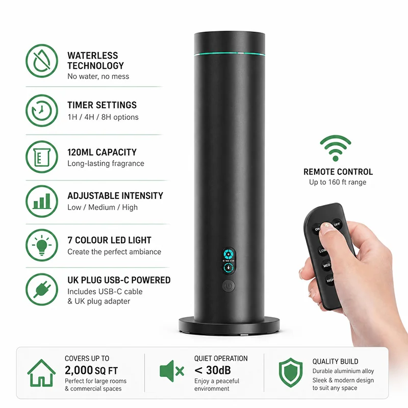 Electric Oil Diffuser specifications showing 120ml capacity, USB Type-C power and coverage up to 2,000 sq ft