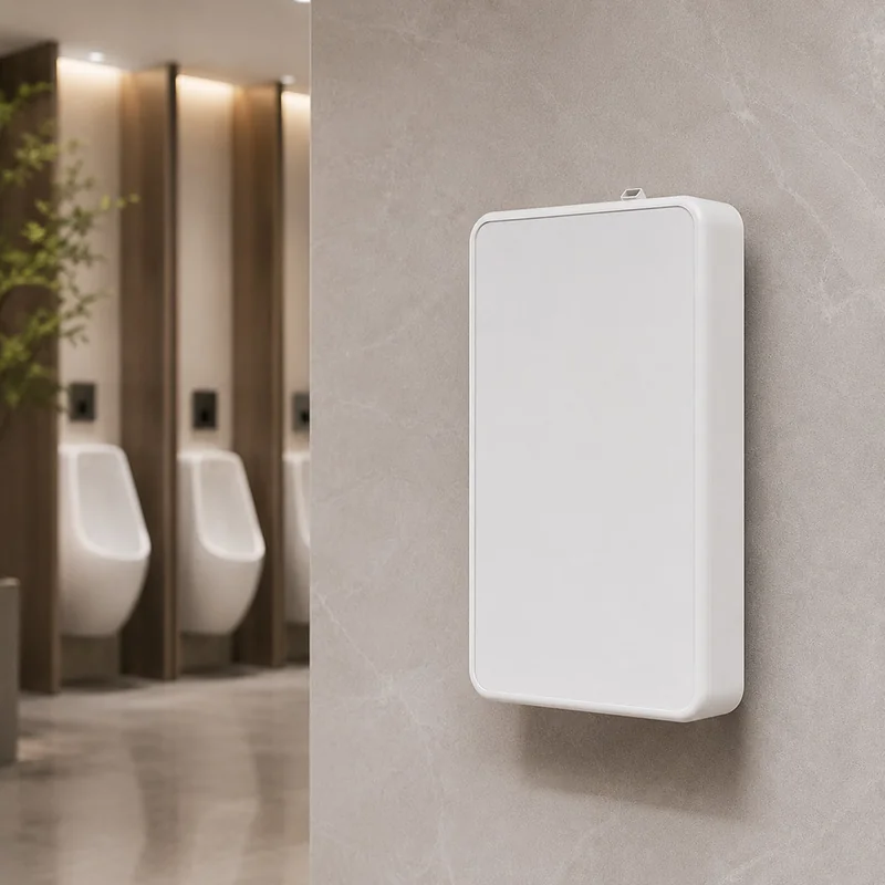 White 500ml battery-powered wall-mounted scent diffuser installed in a men’s public restroom for scent marketing and odour control.