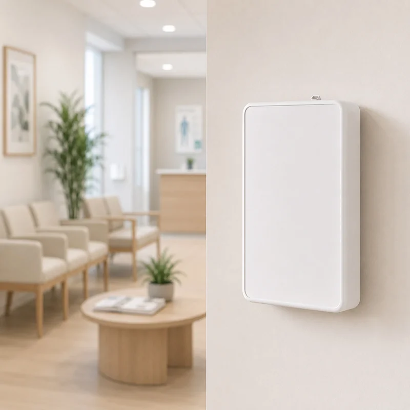 White 500ml battery-powered wall-mounted scent diffuser installed in a doctor’s or dentist’s waiting room to create a fresh, welcoming atmosphere.