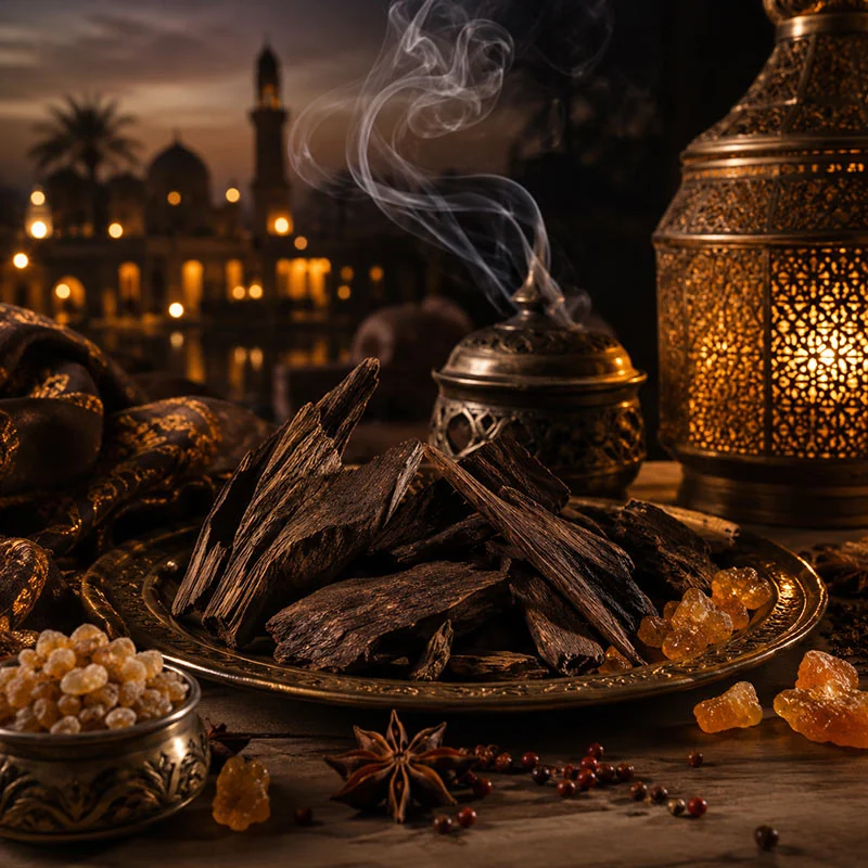 Arabian Oud Nights fragrance oil inspired by smoky oud, warm woods and resinous spice