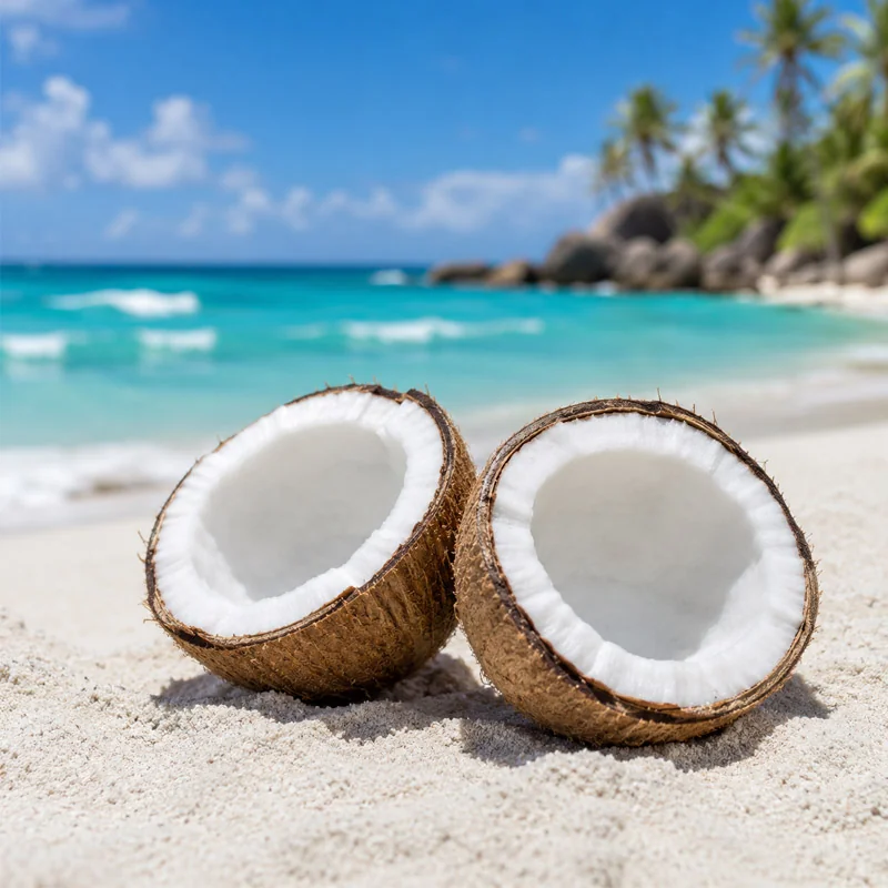 Coconut Breeze diffuser oil with fresh coconut on a tropical beach