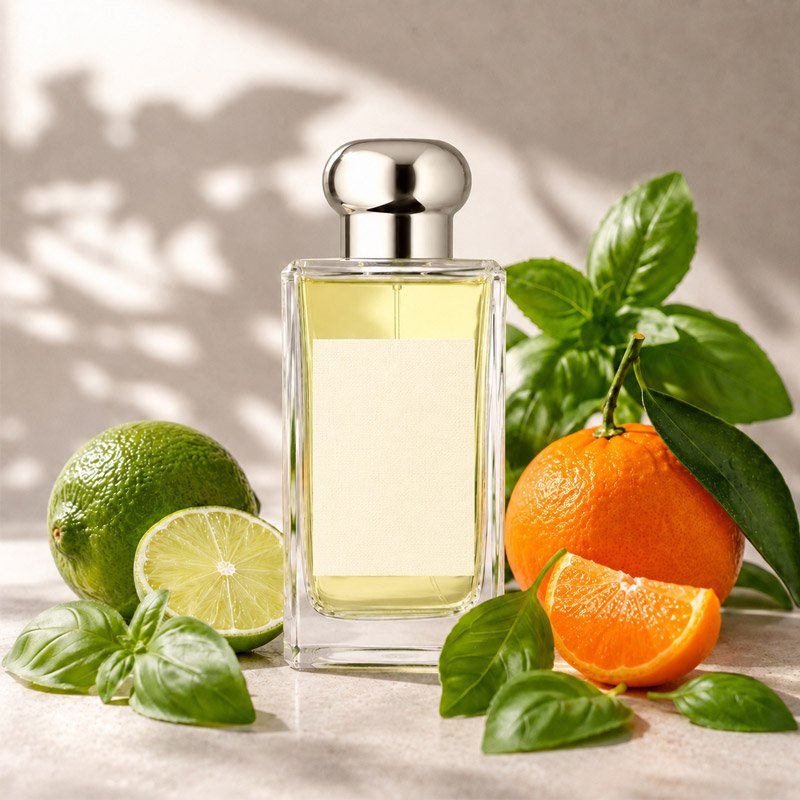 Lime basil and mandarin diffuser oil with fresh lime, mandarin and basil leaves