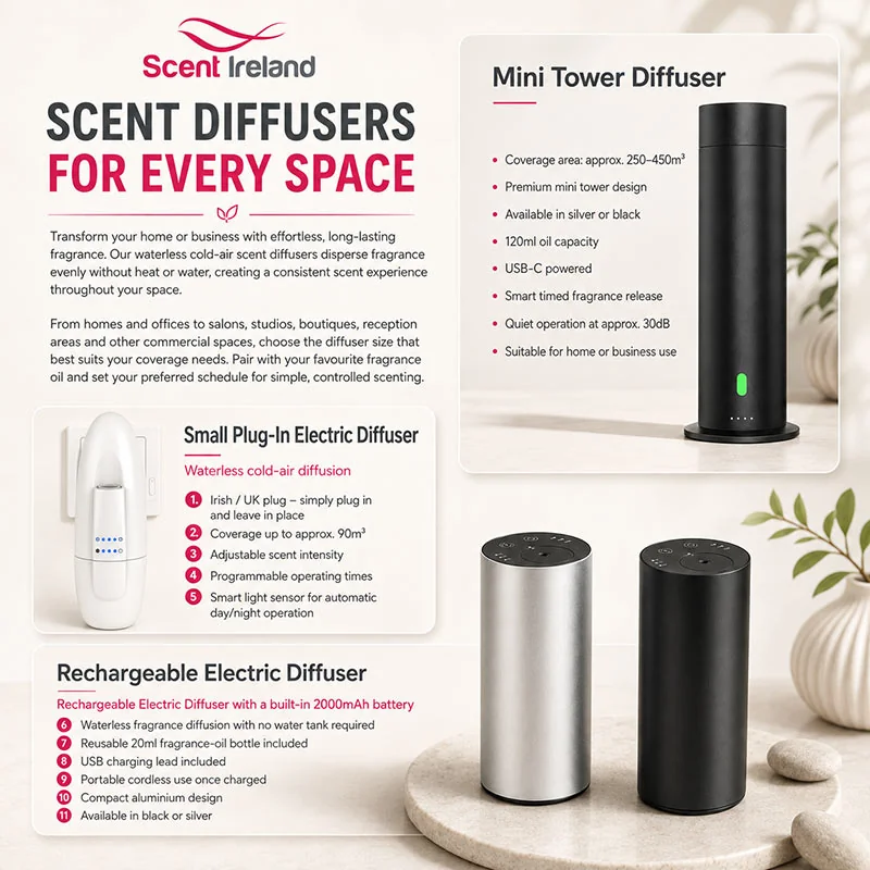 Scent Ireland range of waterless cold-air scent diffusers, including plug-in, mini tower and rechargeable electric diffusers for homes and businesses.