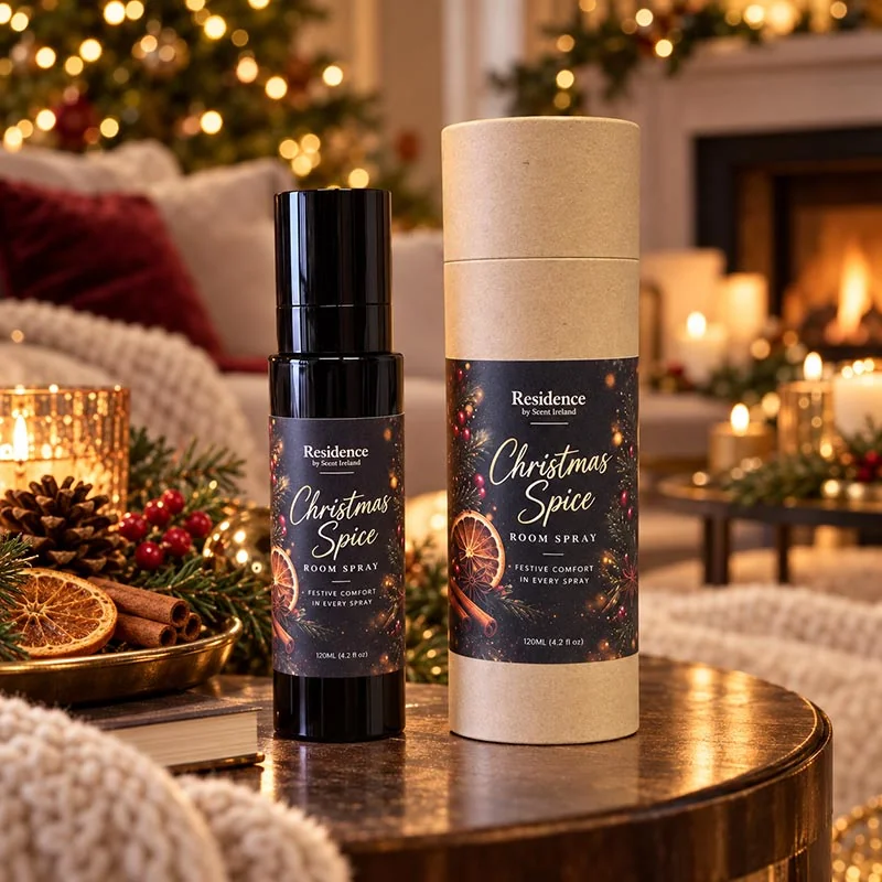 Christmas Spice room spray and gift tube in a cosy Christmas living room by Scent Ireland