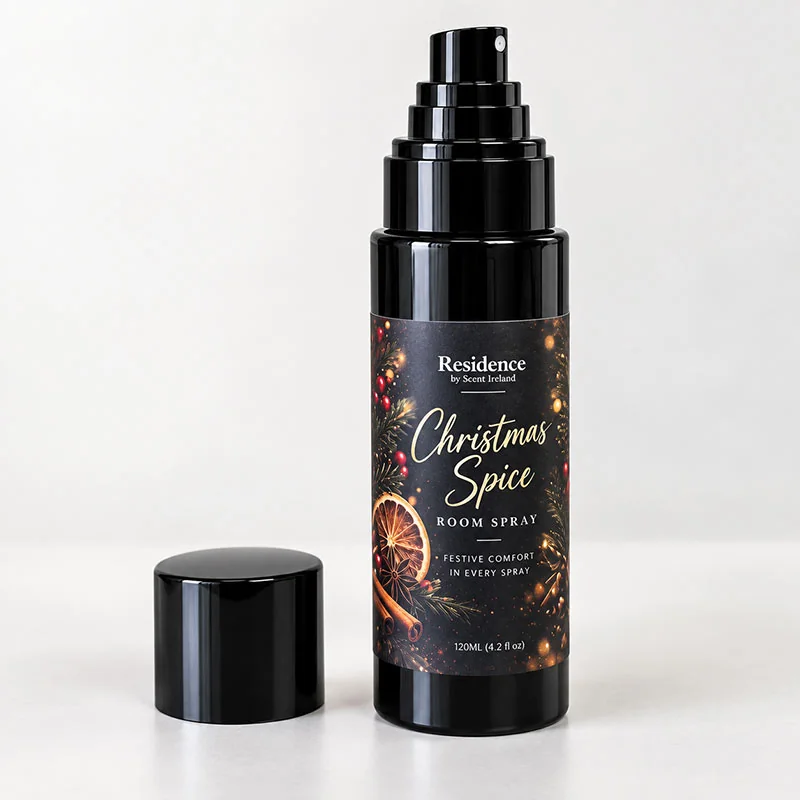 Christmas Spice room spray with spray nozzle and cap removed showing the 120ml bottle